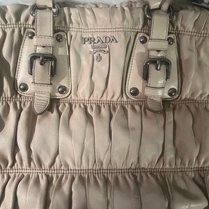 Prada Cream Shoulder Bag with Silver Buckles